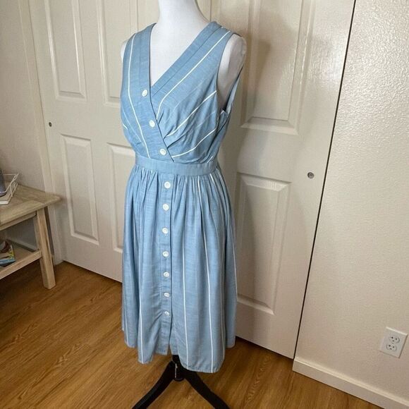 Gal Meets Glam Collection Button Front Surplice Dress Blue With White Stripes Si - Picture 3 of 14